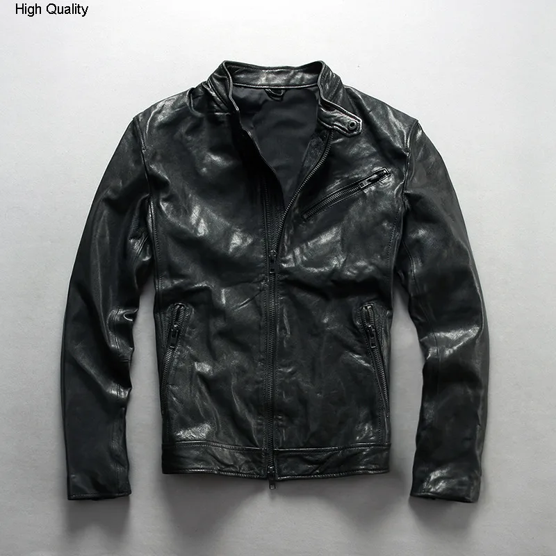 Куртка мужская из натуральной овечьей кожи Байкерский облегающий мотоциклетный