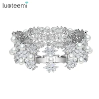 luoteemi multiple pearls beads wide luxury bracelets for women flower cubic zircon bnagles for wedding bridal girl friend gifts