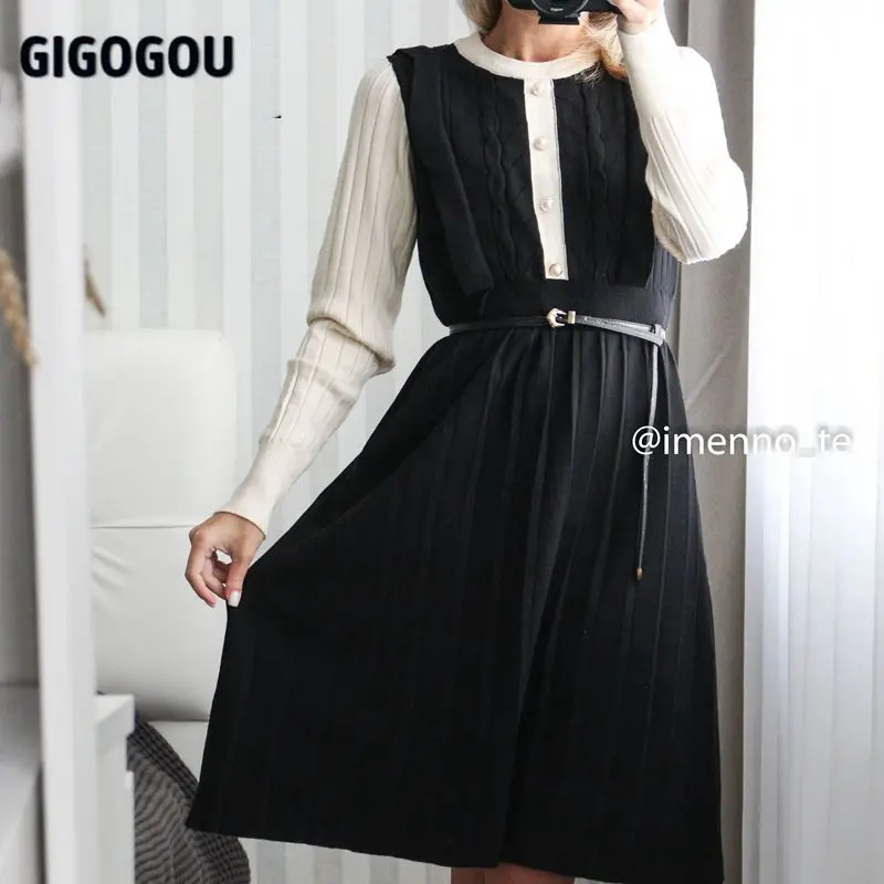 

Женское платье с оборками GIGOGOU, осенне-зимнее толстое теплое плиссированное платье с круглым вырезом и пуговицами, шикарное женское Макси-п...