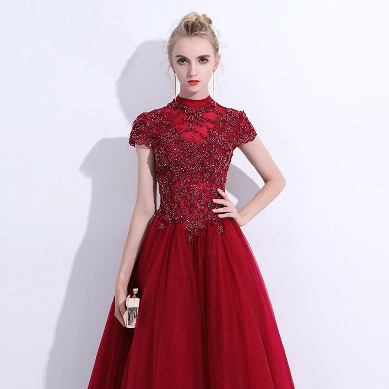 

Robe De Soiree Elegant Beads With Embroidery Customized Evening Dresses Cap Sleeve Vestido De Festa Party Prom Dress Formal Gown
