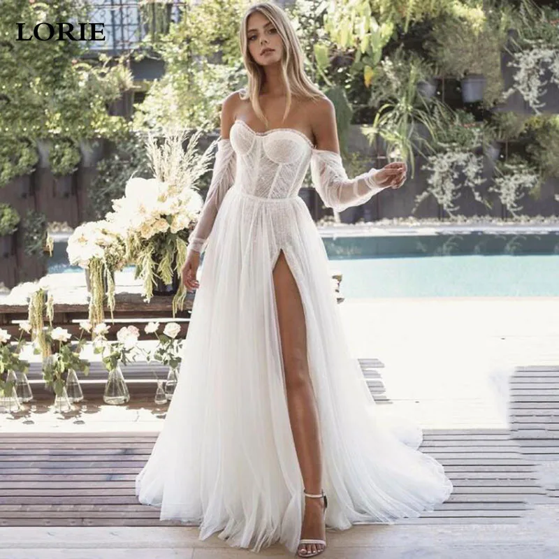 

LORIE Ivory Boho Wedding Dresses Long Sleeve Lace Sweetheart Bride Gowns 2021 vestidos de novia Side Split Wedding Gowns