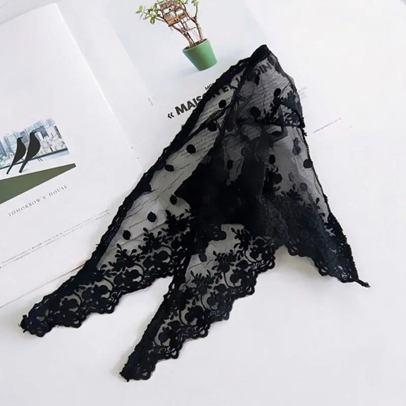 

Womens Crochet Embroidered Floral Lace Triangle Neck Scarf Solid Color Polka Dot Bandana Kerchief Hair Tie Vintage Wrist Ribbon