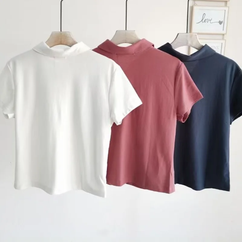 

Simple Office Lady Solid Short Sleeve Tshirts Turn-down Collar Single Breasted Crop Tops 2021 Summer Basic All Match Tees