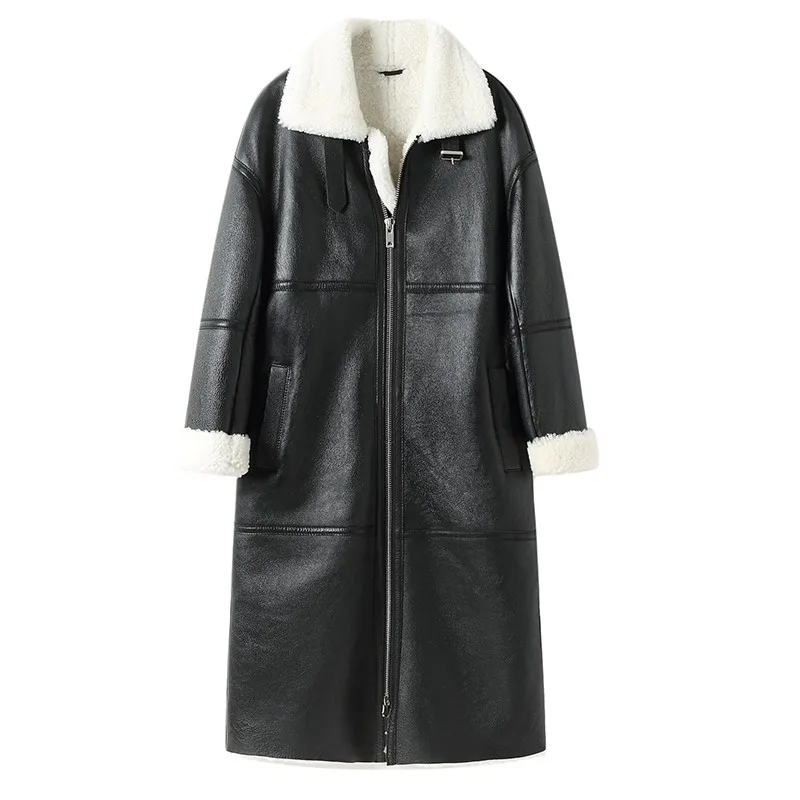 

Vintage Real Fur Shearling Straight Women Long Overcoat Winter Thicken Wool Liner Genuine Leather Jacket Female Sheepskin Coat