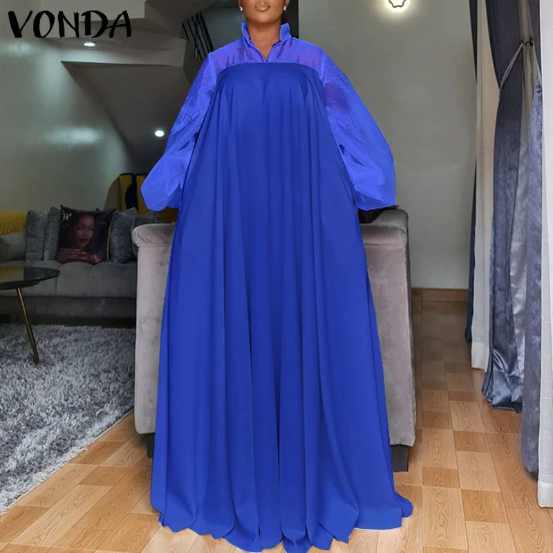 

VONDA Women Dress 2021 Autumn Puff Sleeve V Neck Pleated Bohemian Vestidos Femme Solid Color Loose Maxi Robes Longue Oversized