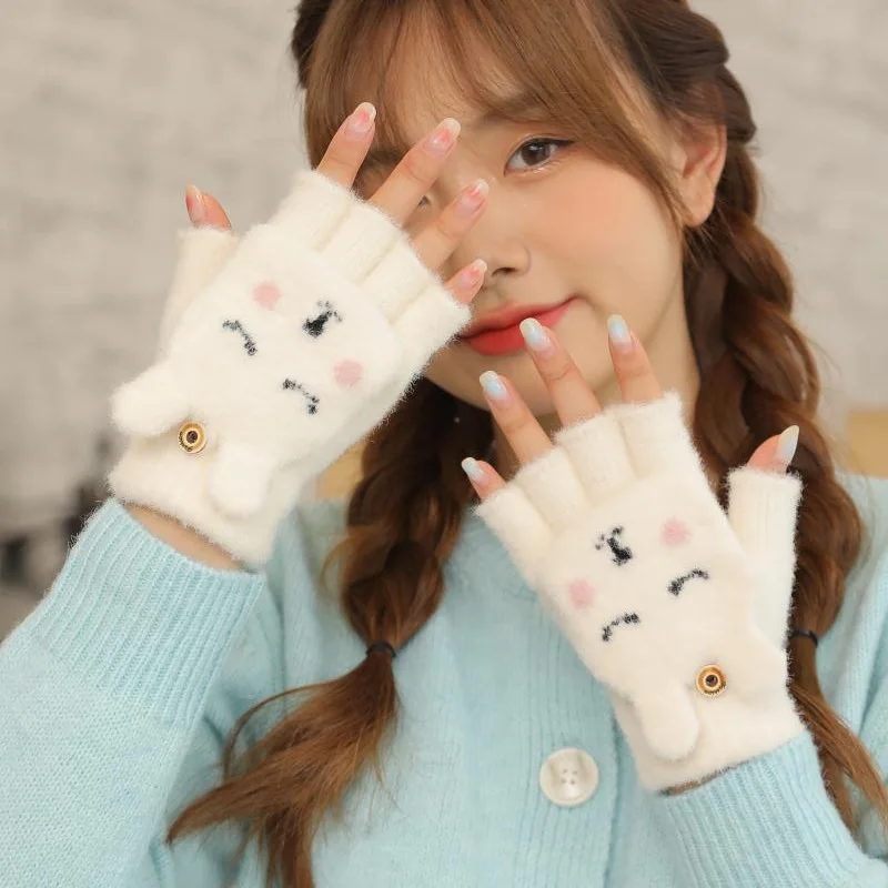 

Winter Cute Gloves Female Korean Cartoon Student Warm Flexible Touchscreen Gloves for Women Exposed Finger Mittens Gloves Gifts