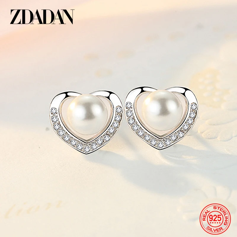 

ZDADAN 925 Sterling Silver Heart Pearl Earrings For Women Fashion Jewelry
