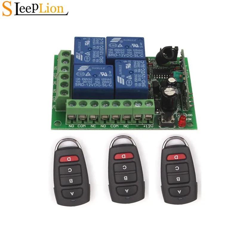 

Sleeplion 12V 4CH Channel Relay RF Wireless Remote Control Switch 3 Transmitter Receiver ON/OFF Switch 4CH Module Kit 315/433MHz