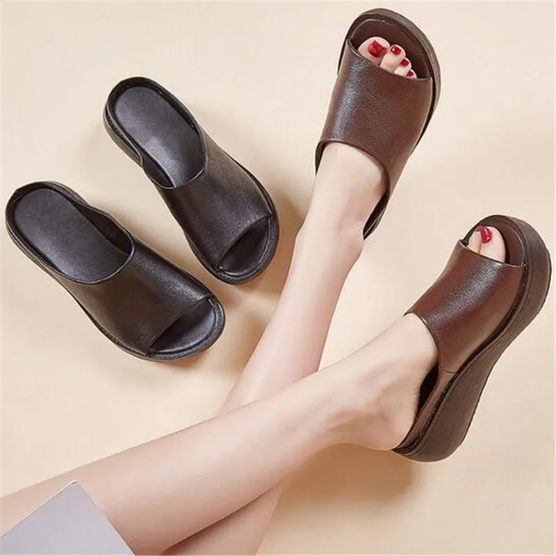 Summer Flower Hollow Real Leather Slippers Fashion Sandals Shoes Woman New 2020 Retro Comfort Thick Heel Women | Обувь