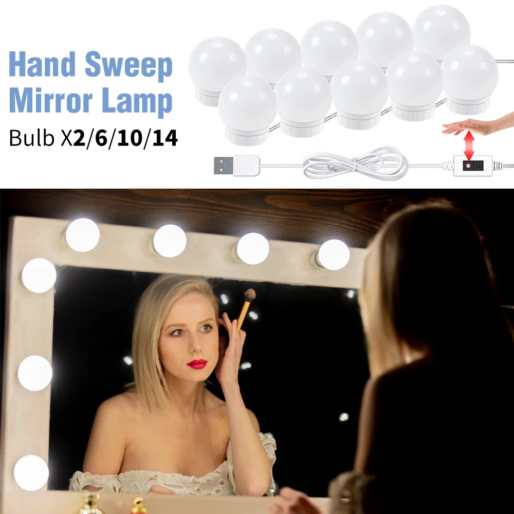 USB Hand Sweep Vanity Mirror Light Led Makeup Lamp 2 6 10 14Bulbs espejos tocador Dressing Table Beauty Bathroom Wall | Лампы и
