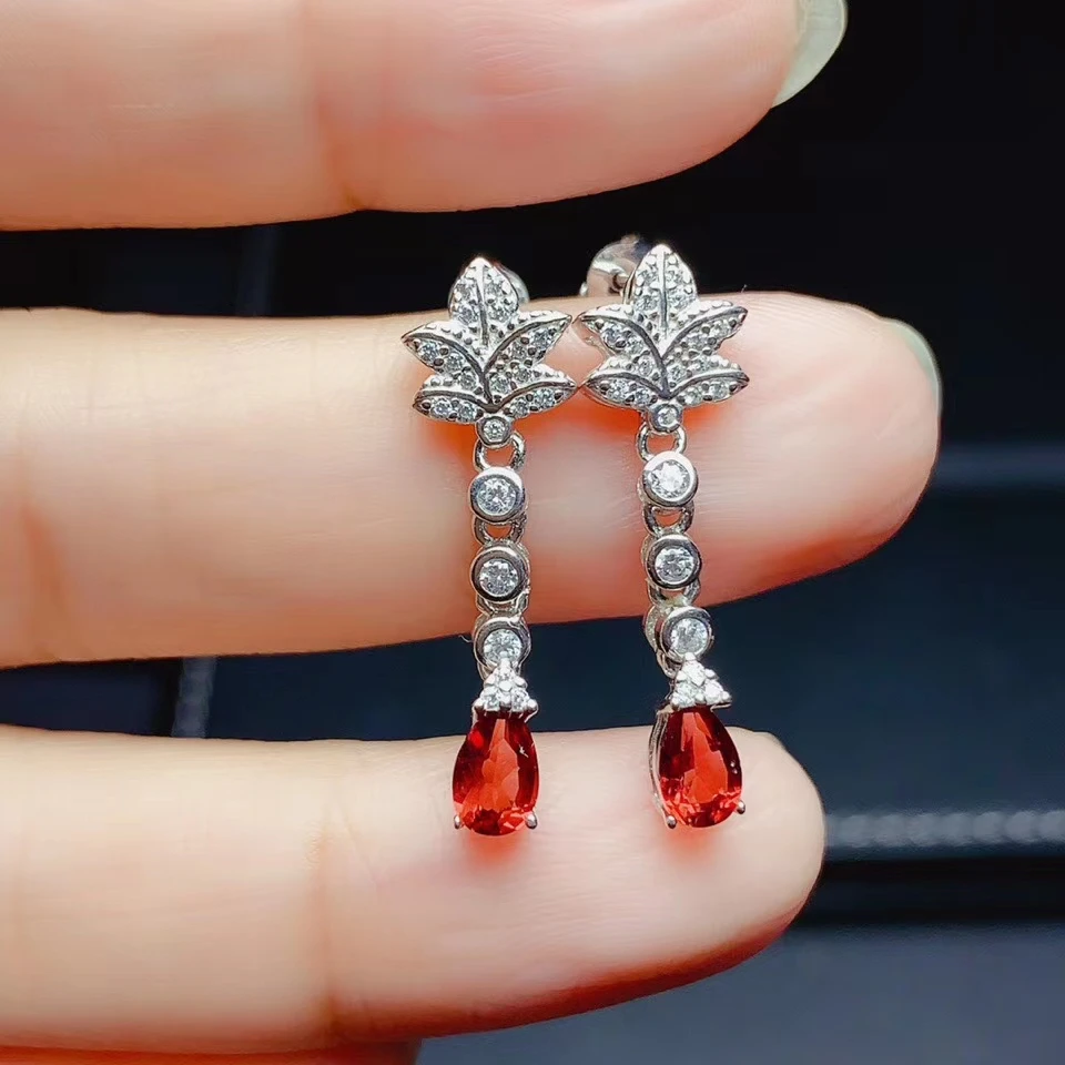 

2020 red garnet stud earrings for women jewelry real 925 silver earrings natural gem good color girl birthday gift water drop