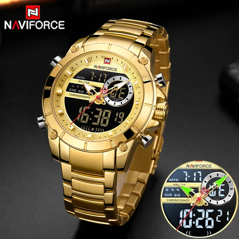 Топ бренд NAVIFORCE мужские военные модные часы кварцевые наручные часы сталь Водонепроницаемый двойной дисплей мужские часы Relogio Masculino