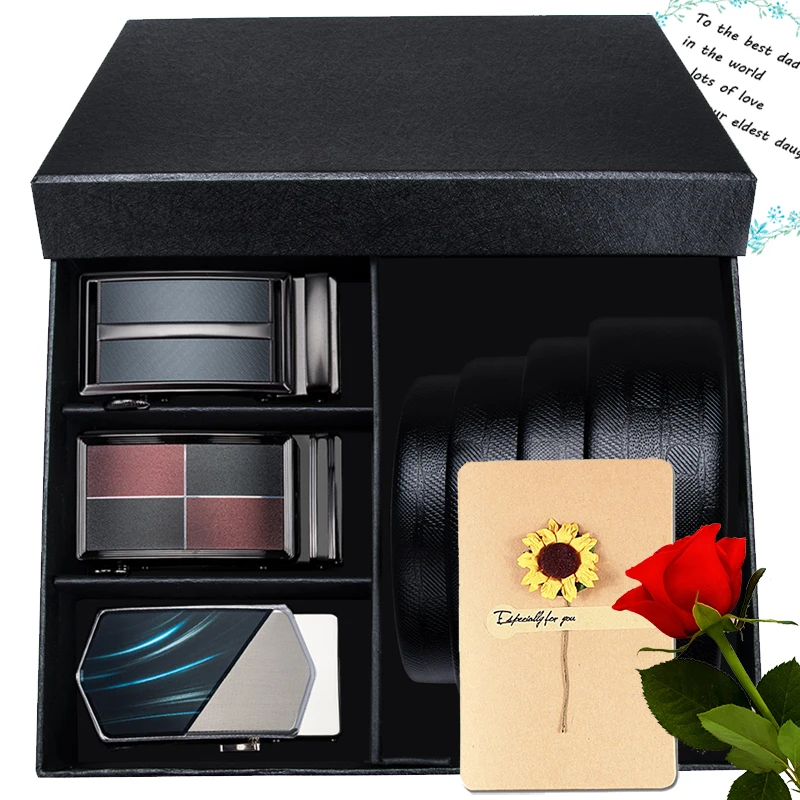 Мужской ремень с автоматической пряжкой Hi-Tie подарочный набор из натуральной