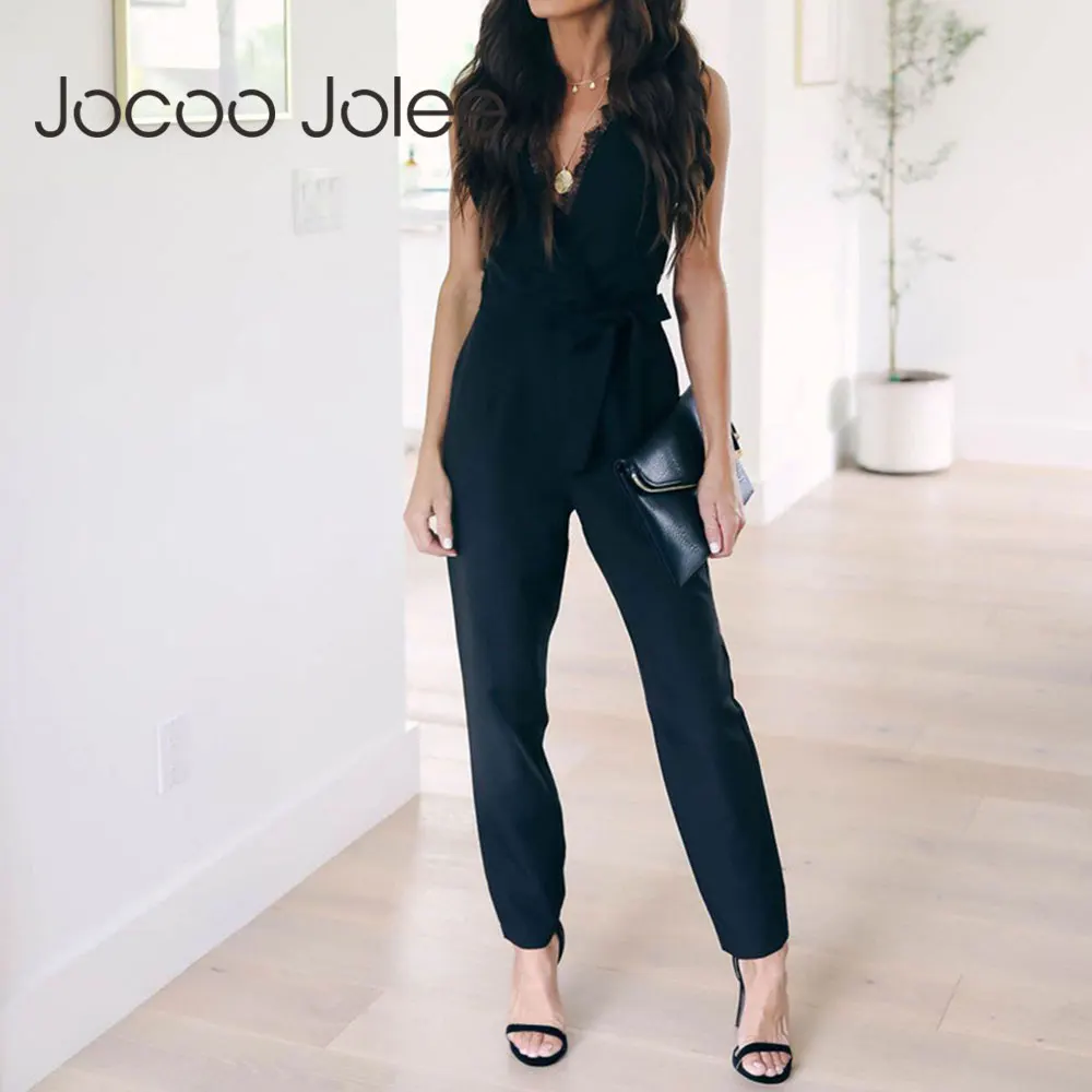 Jocoo Jolee Women 2020 Fashion Lace Jumpsuit With Belt Women Sleeveless Summer Sexy V Neck Jumpsuit Elegant Rompers Trousers