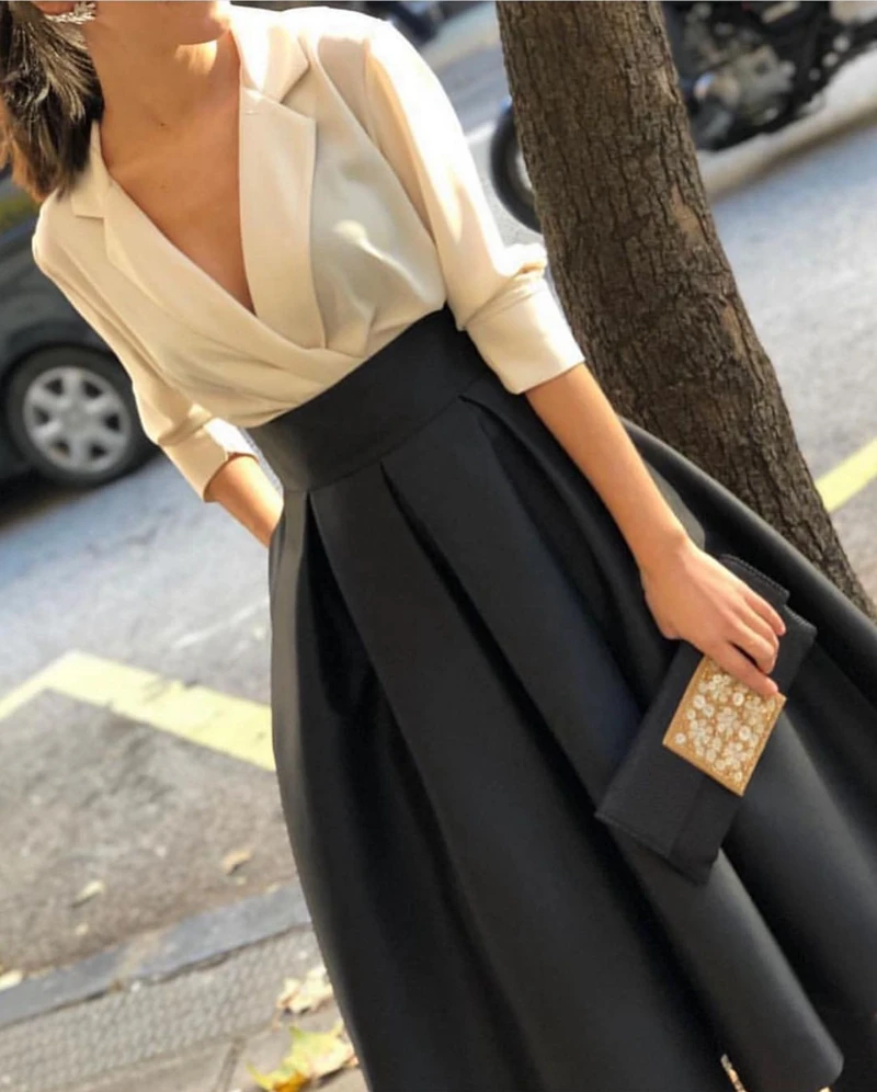 

Платье вечернее короткое черно-белое с V-образным вырезом, недорогие вечерние платья