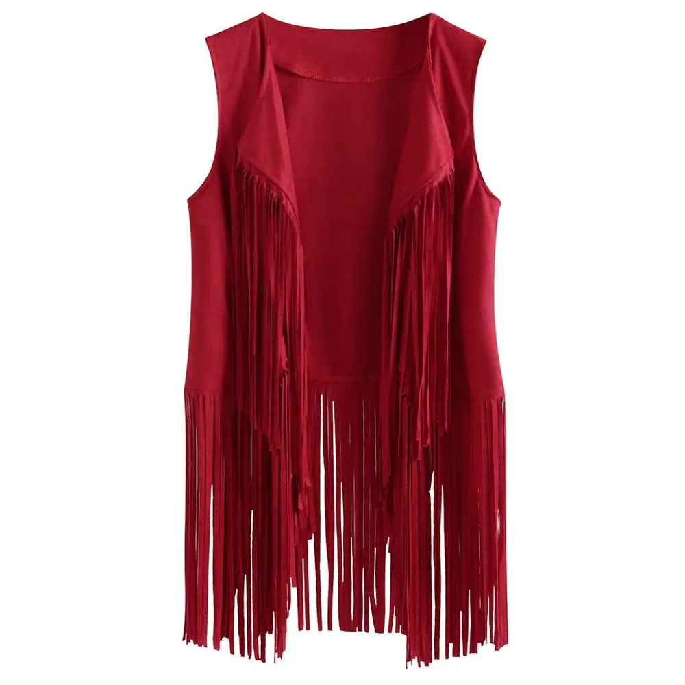 Plus Size Women Autumn Winter Suede Ethnic Sleeveless Tassels Fringed Cardigan Vest 2019 Casual Solid Outwear Jackets 6 Colors | Женская