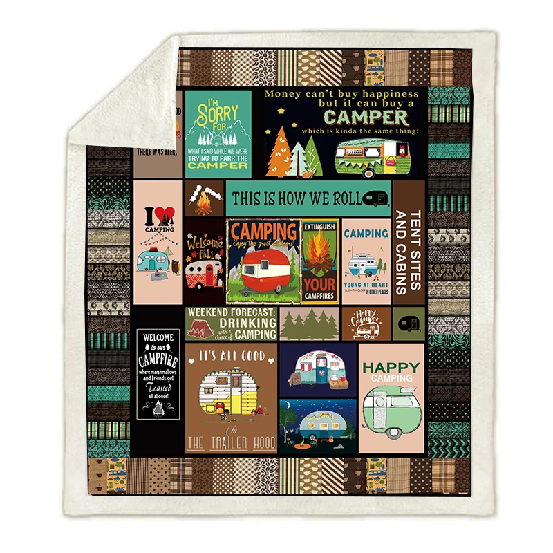 

Happy Camping Quilt Blanket Flannel Blanket Home Textiles Bed Sofa Printed Sherpa Blanket Bedding Throw Droppshiping