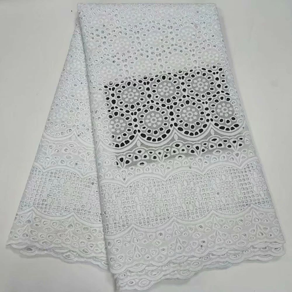 

Great quality dress fabric in white color Swiss voile lace with stones TYS54 newest elegant pattern African 100% Cotton Fabric