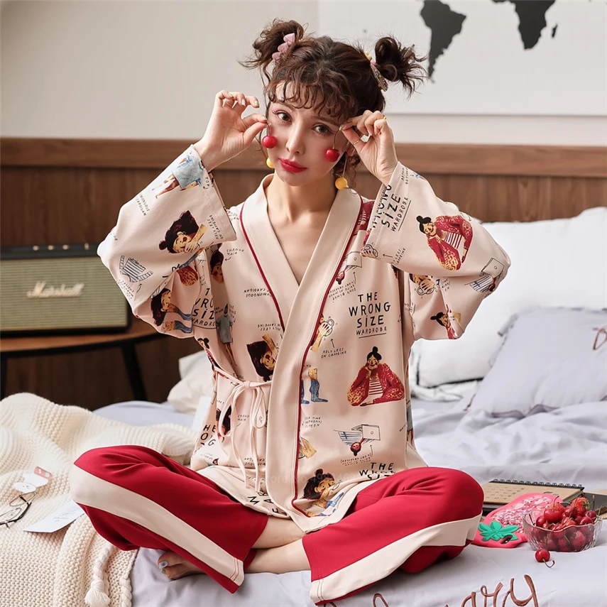 Женская пижама в японском стиле кимоно одежда для сна с рисунком 100% хлопок теплая