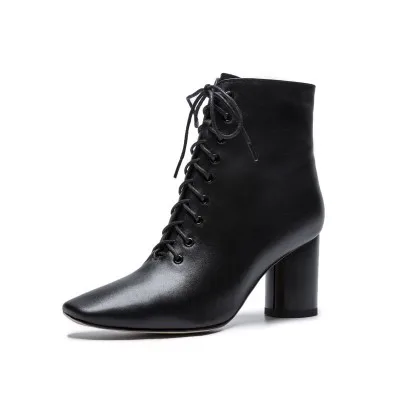 

Retro Green Short Boots Women's Square Head Lace High Heel Thick Heel Leather Autumn/Winter Simple Casual Fashion Martin Boots