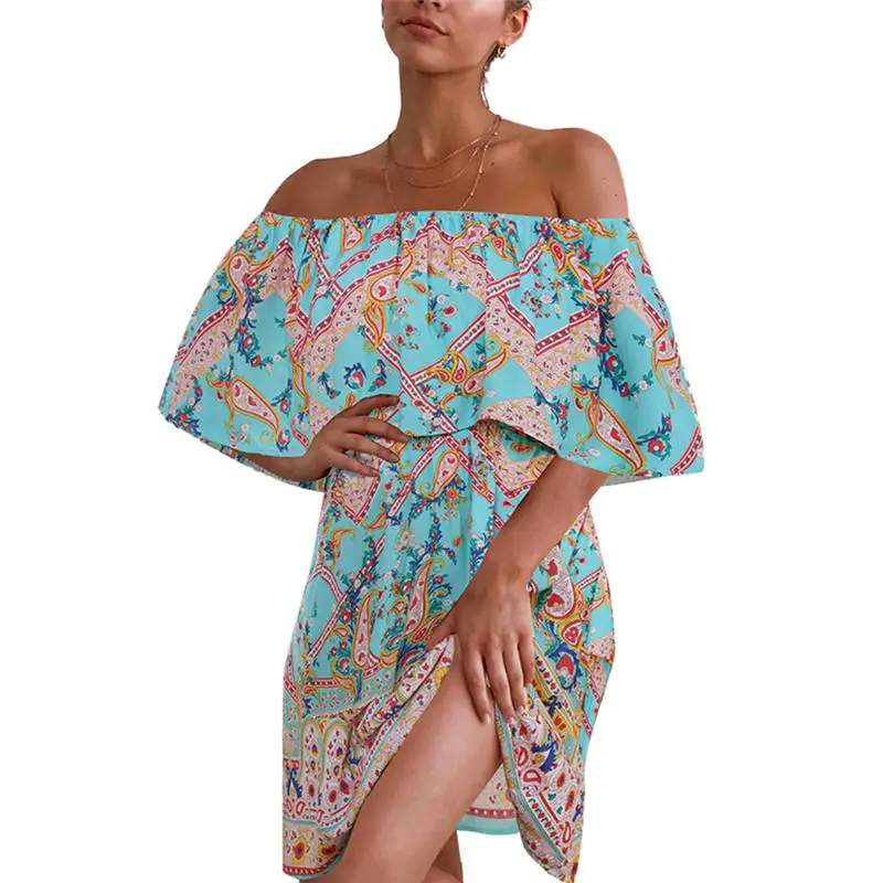 

Женское пляжное мини-платье с открытыми плечами, повседневный свободный сарафан в стиле бохо, лето 2020