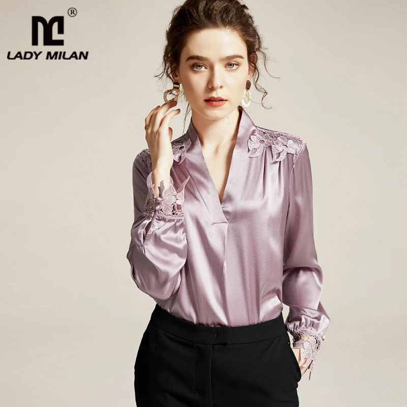 Женская модельная рубашка из 100% натурального шелка элегантная ажурная блузка с v