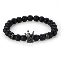 trendy matte black stone beads bracelet pave cz 4 color crown and sheet bracelet for womenmen noble jewelry handmade pulseras