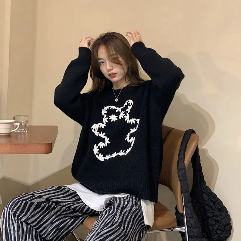 

Autumn Winter Korean Vintage Sweater Women Pullover Print Cartoon All-Match Jumper Loose Ladies Lazy Style Sueters TT0334
