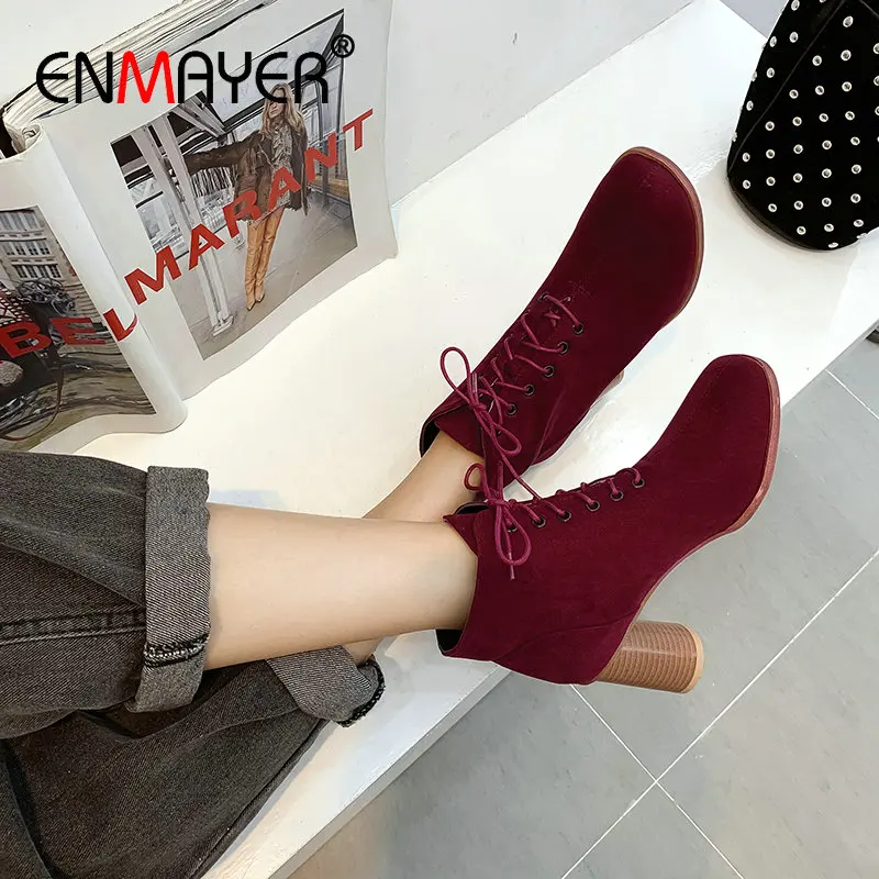 

ENMAYER 2019 Fashion Short Plush Lace-Up Ankle Boots Square High Heels Elegant Faux Suede Slim Boots Round Toe Women Boots 34-43