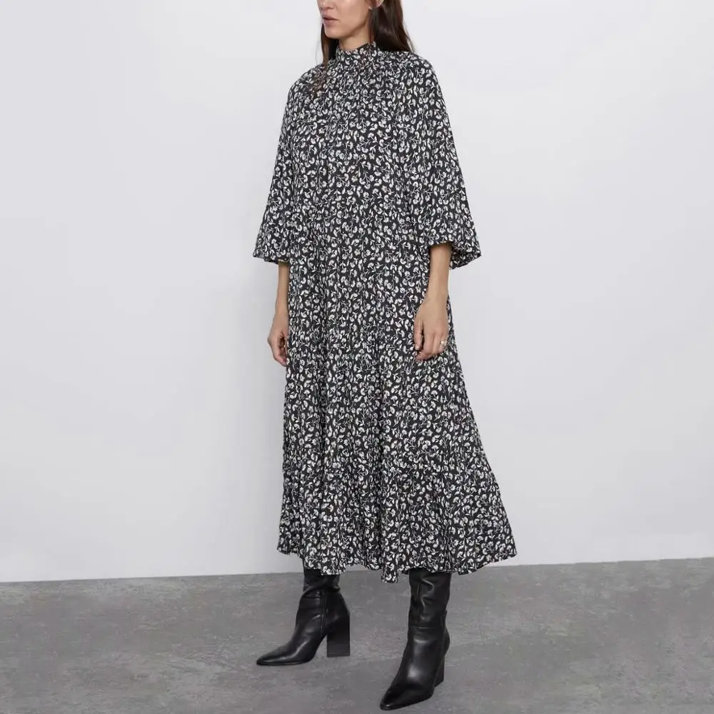 Женское длинное свободное платье Za с длинным рукавом и воротником стойкой