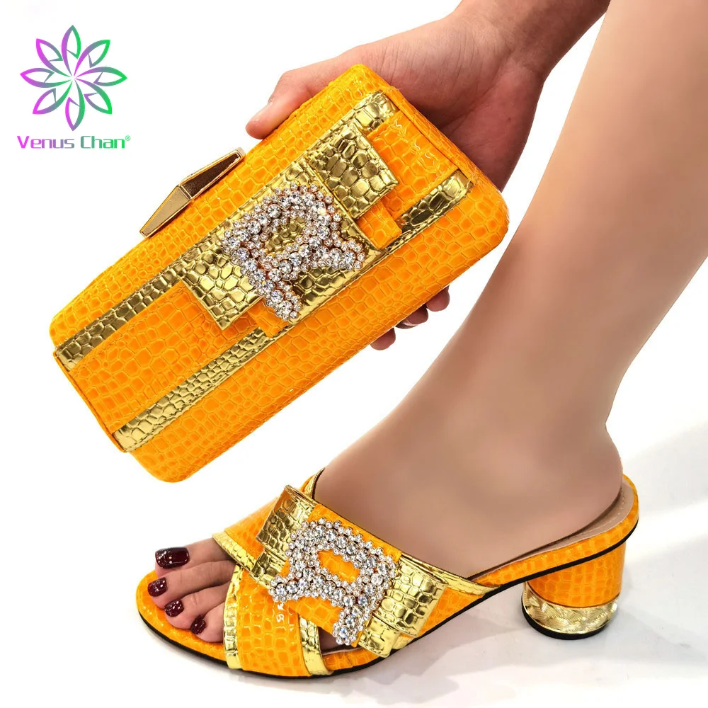 Popularity 2022 Nigerian Fashionable Yellow Color Peep Toe Shoes Matching Bag Set For Royal Ladies Wedding Party Sandal