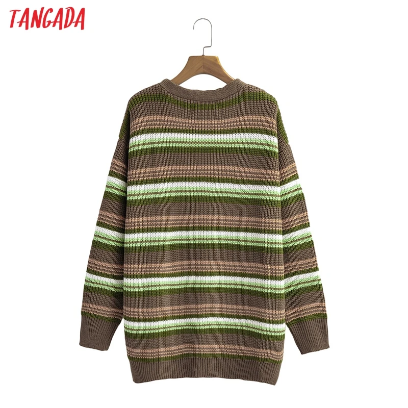 

Tangada Women Elegant Striped Long Cardigan Vintage Jumper Lady Fashion Oversized Knitted Cardigan Coat 1F233