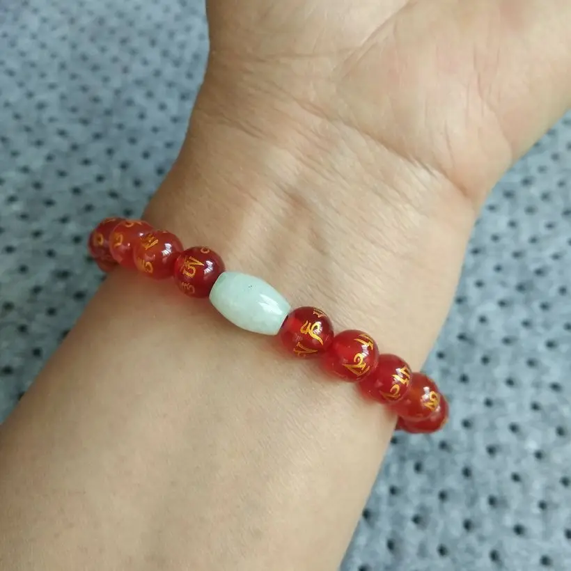 

8mm Red agate bead bangle carven The Six Syllable Mantra mala bead bracelet Amulet Lucky Bless