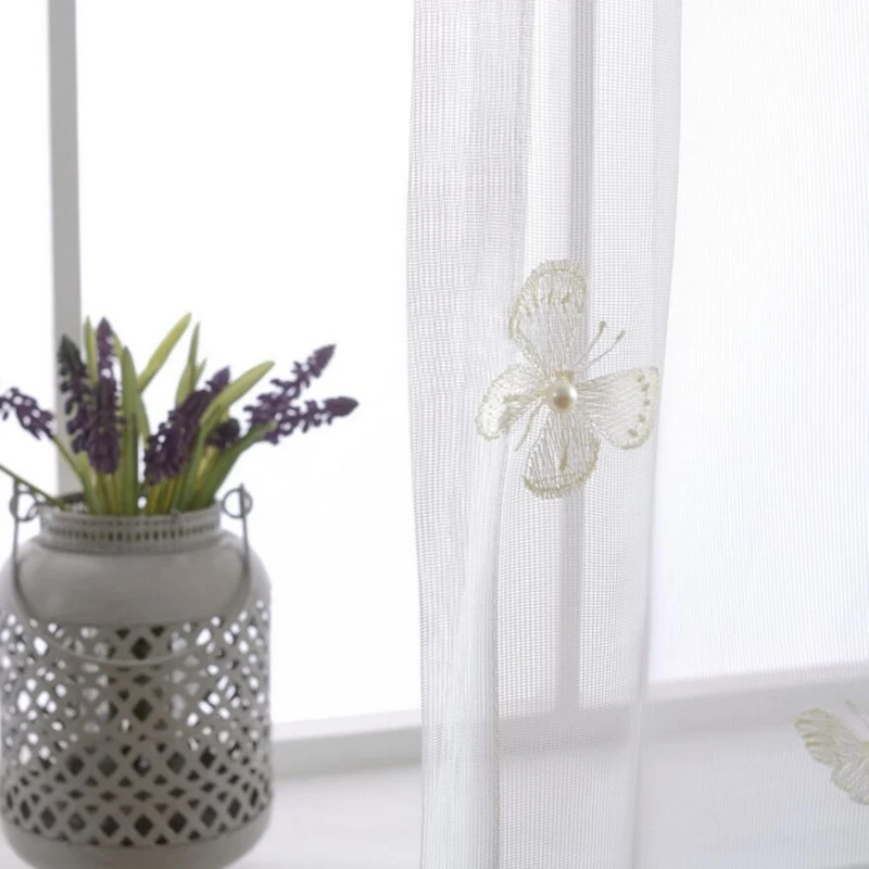 Белые занавески с бабочкой и жемчугом вышивкой на окна современные сетчатые для