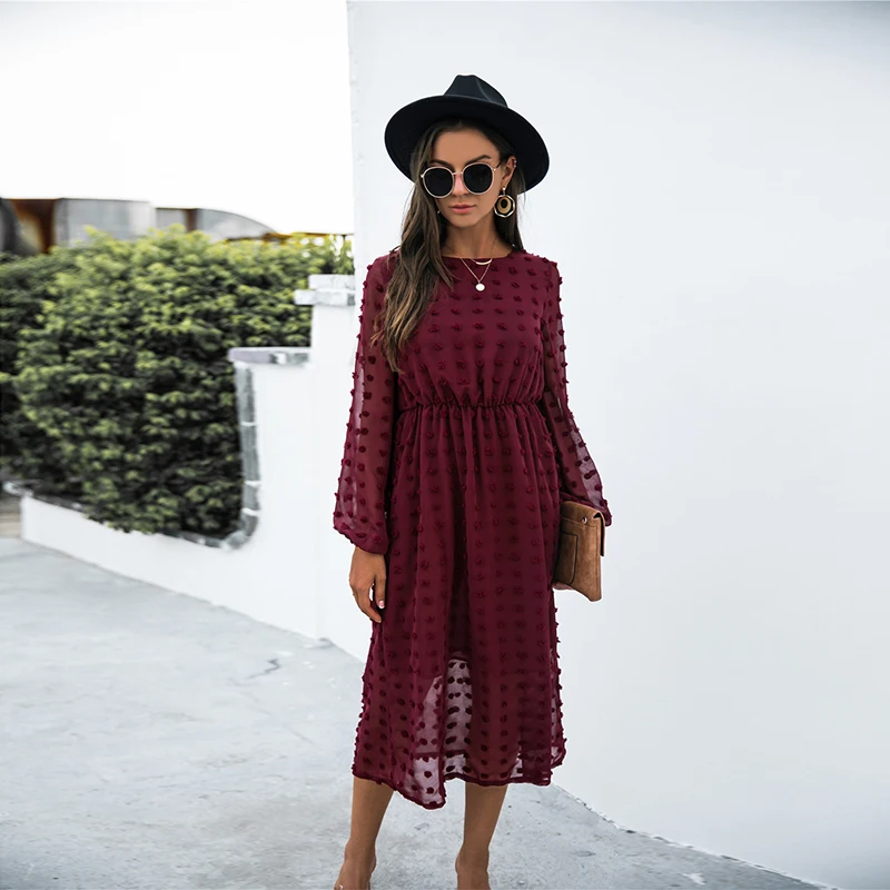 

Платье женское однотонное с длинным рукавом, жаккардовое ТРАПЕЦИЕВИДНОЕ джемпер с круглым вырезом, с завышенной талией, весна-осень