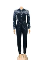 Long Sleeve Faux Leather Jumpsuit For Women Streetwear Bodycon Outfits Club Party PU Jumpsuits Belt Long Pants Rompers Overalls 3