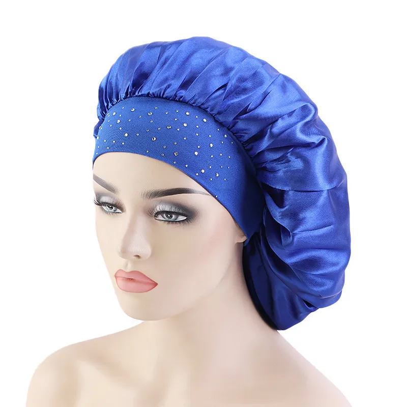 

TB-248 Glitter Bling Bling Women Satin Hair Bonnet Gypsophila Elastic Wide-Brimmed Night Sleep Hat Solid Silky Headcover Turban