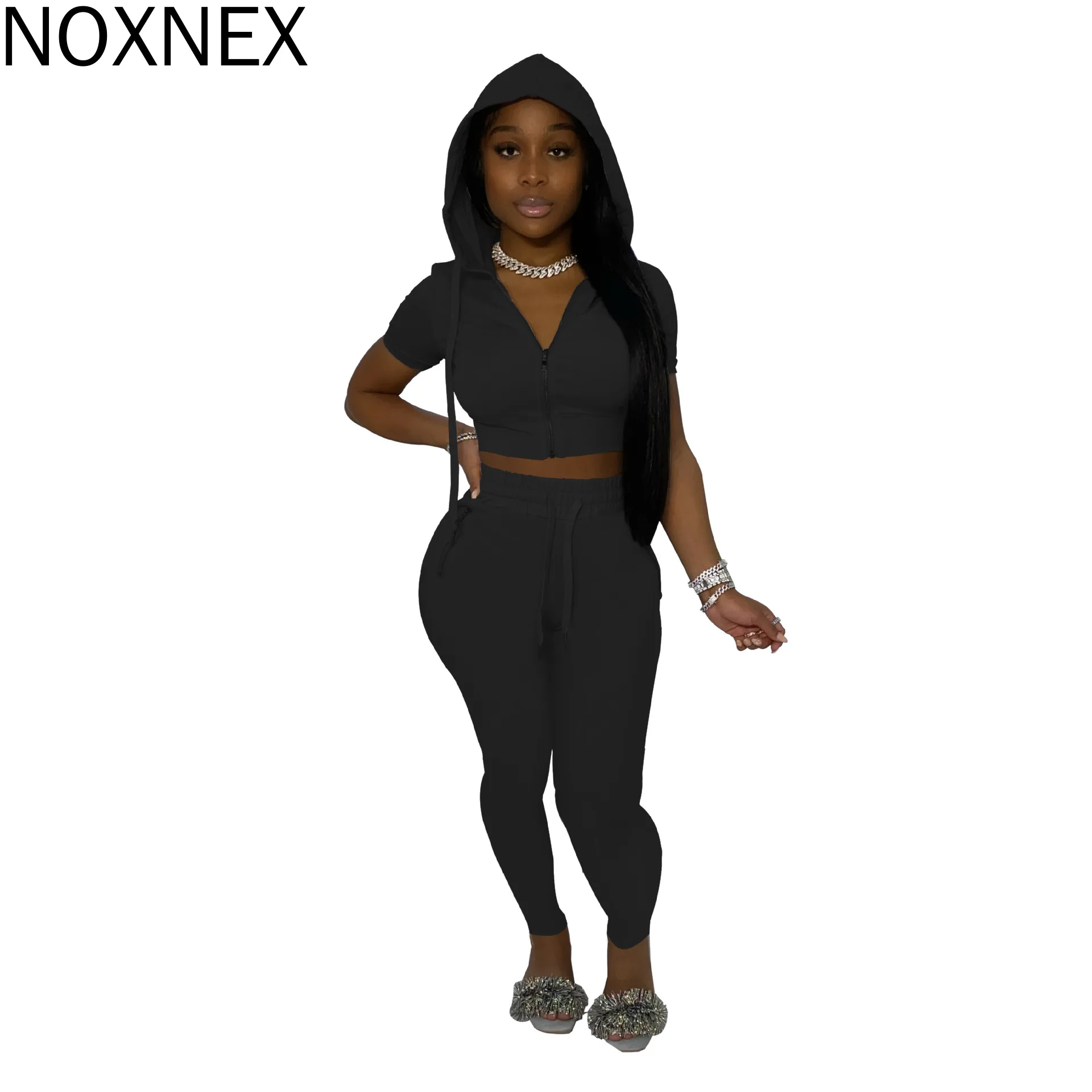 

NOXNEX летний комплект из двух предметов женский короткий рукав с капюшоном на молнии тренировочные спортивные брюки на шнурке для бега эласт...