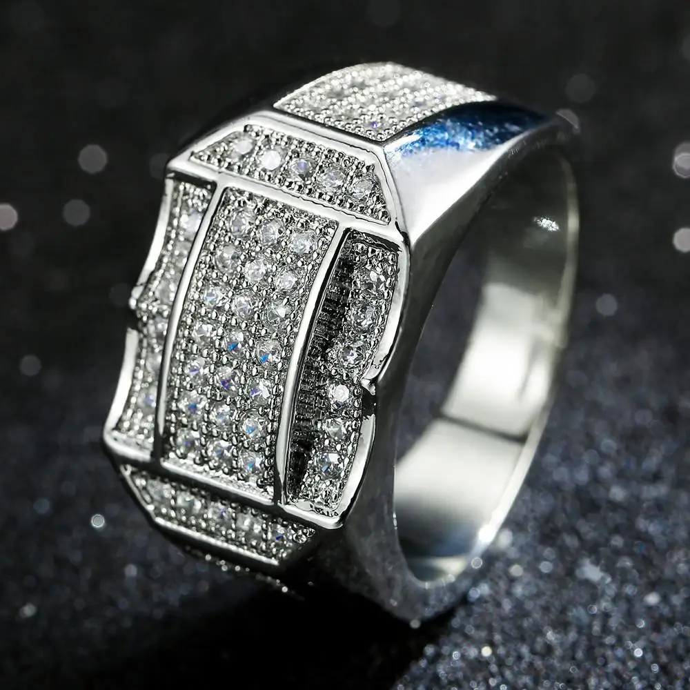

14K White Gold Fashion Big Zircon Diamond Rings for Men Jewelry 14K Gold Geometric 925 Sterling Silver white topaz jewelry rings