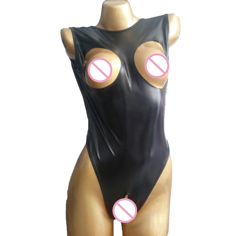 

PVC Sexy Leather Black Bodysuit Women High Cut Thong Open Crotch Hollow Bust Erotic Leotard Costumes Nightclubs Clubwear