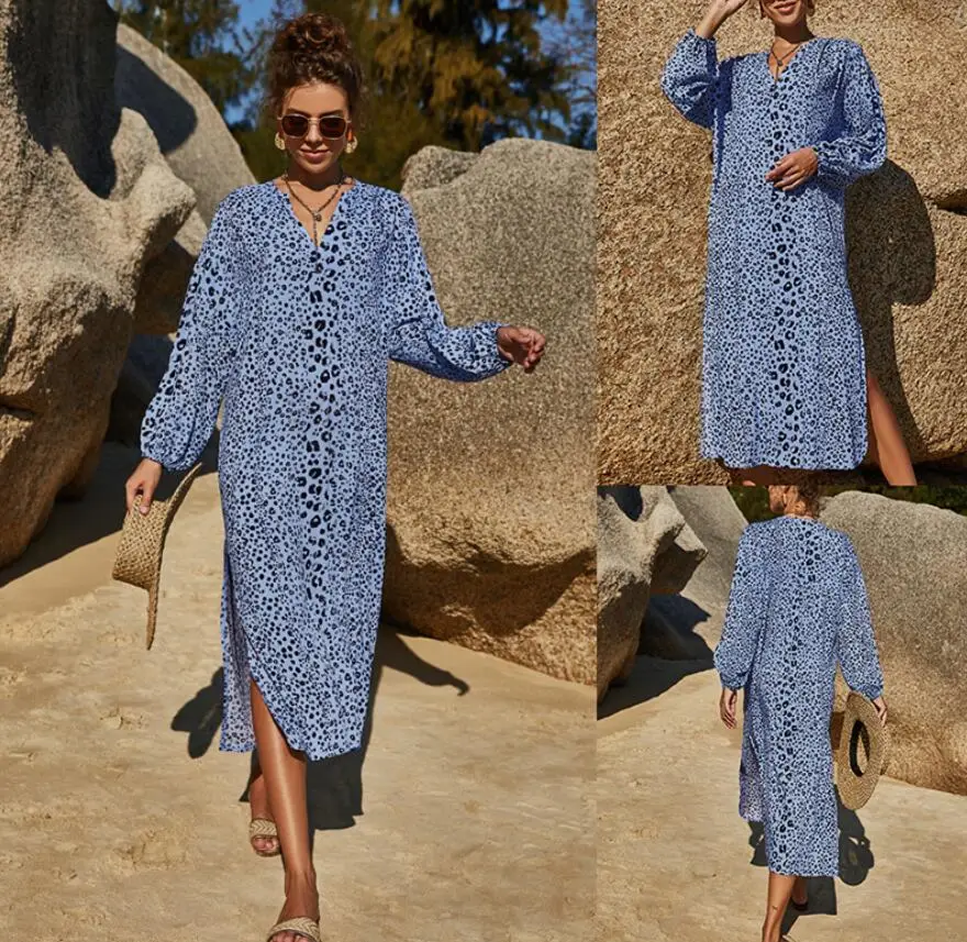 

Summer Loose Casual Ankle Fashion Printed Long Sleeves Small V-Neck Split Large Swing Skirts And Get 6PCS Strip