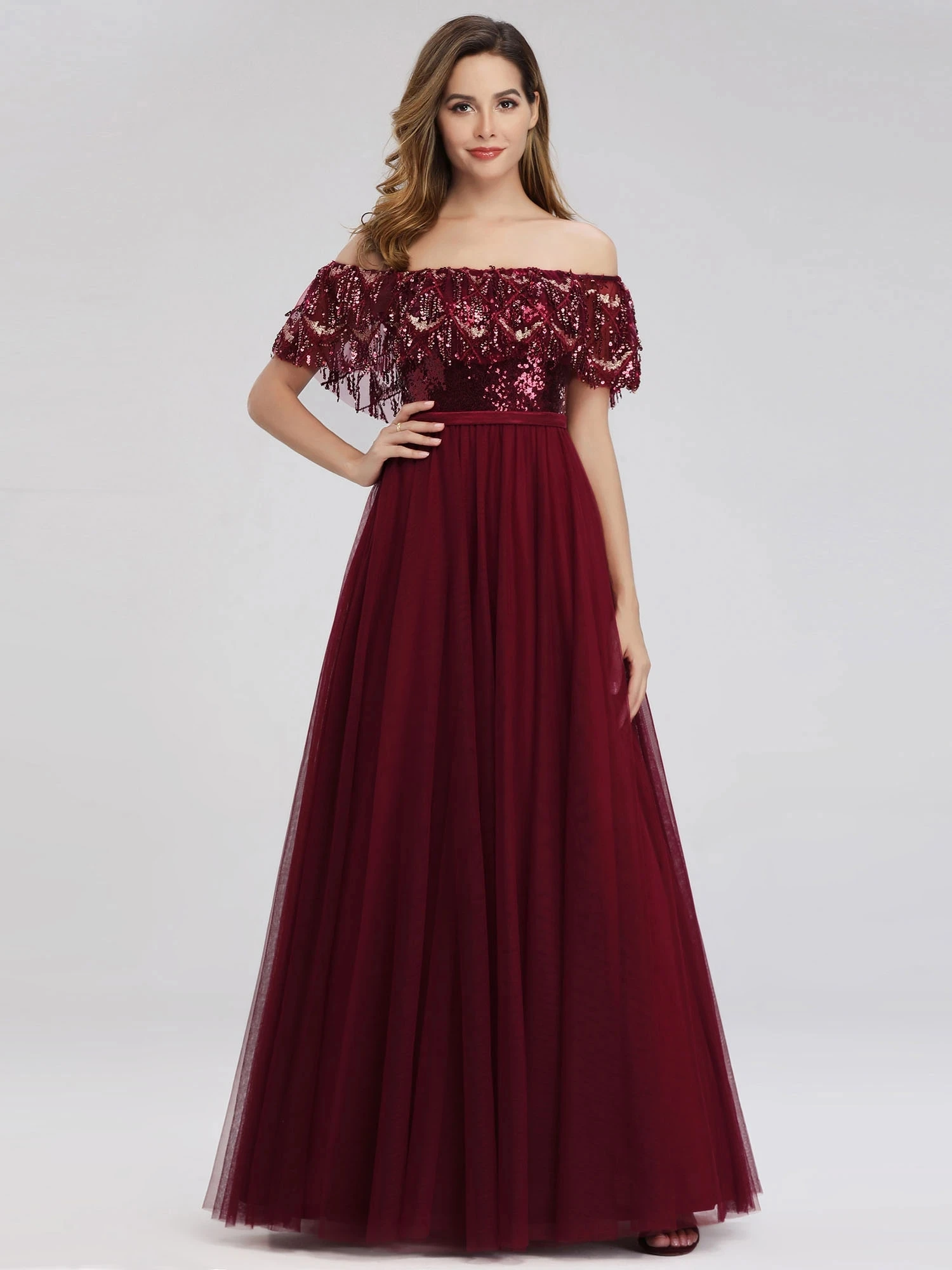 

Off the Shoulder Sequin Ruffles Floor-Length Wholesale Evening Dresses