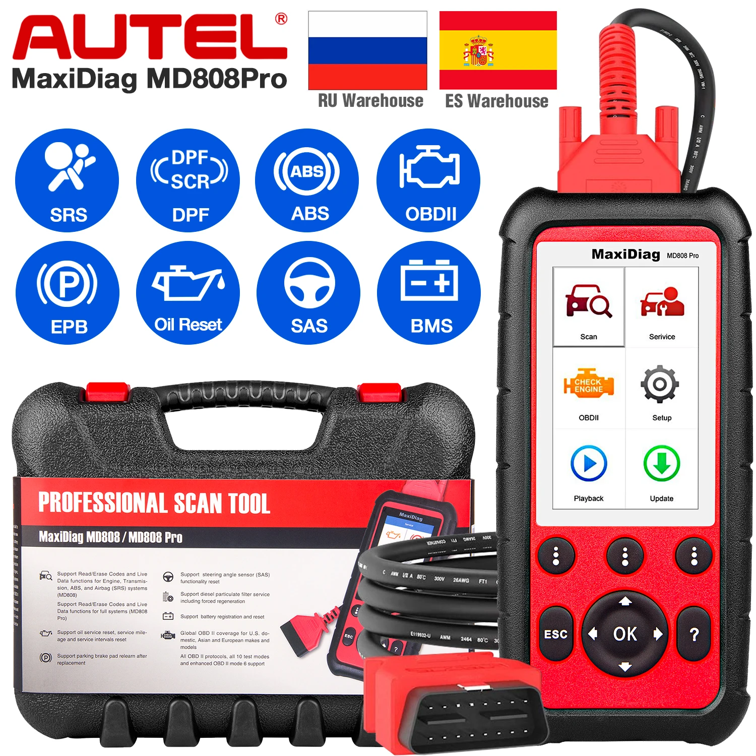 

Autel MaxiDiag MD808 Pro все системы OBDII масло сканера сброс регистрации, парковочная тормозная колодка relearning, SAS,SRS,ABS,EPB,DPF,BMS