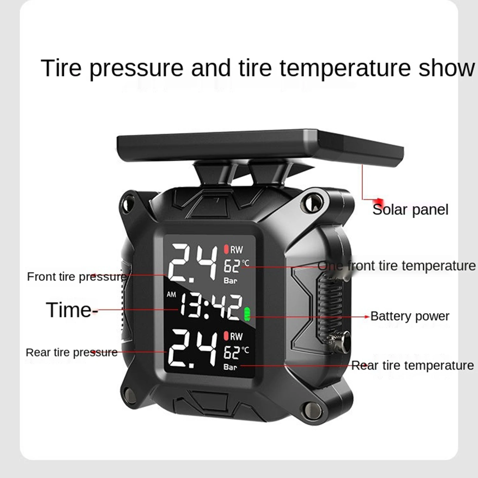 

Wireless Solar Tire Pressure Monitoring System with 2 TH/WI Tmps Sensor IPX67 0-8.8 Bar / 0-127 PSI for Motorcycle RV Trailer