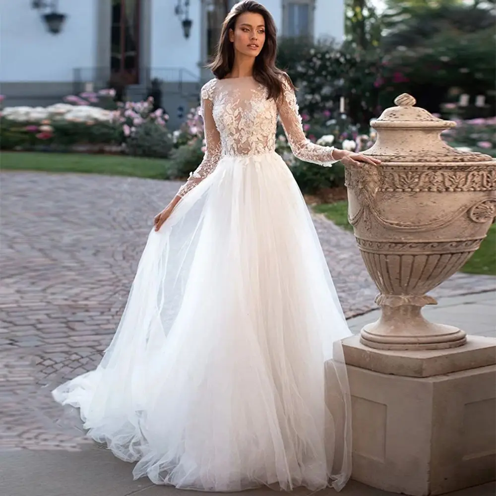 

Elegent Weddding Dresses 2021 Long Sleeves O Neck Lace Appliques Tulle Court Train A-Line Bridal Gowns Vestido De Novia