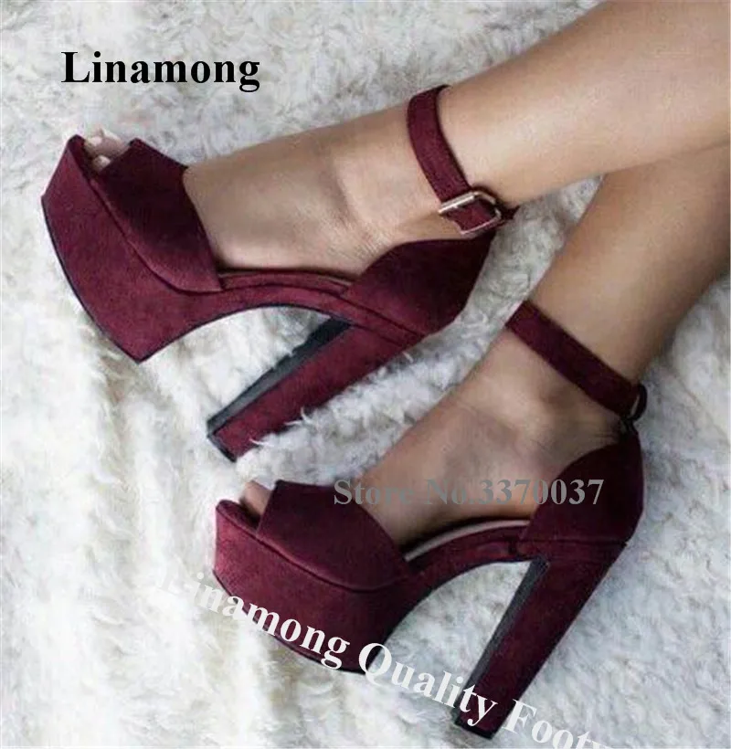 

Linamong Peep Toe Suede Leather High Platform Chunky Heel Sandals Wine Red Ankle Strap Thick High Heel Sandals Dress Heels