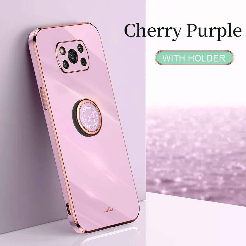 plating square ring holder phone case on for xiaomi mi poco x3 pro x 3 nfc gt 5g poko x3pro luxury soft silicone stand cover free global shipping