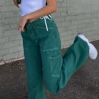 weiyao streetwear joggers straight jeans women casual high waisted cute pockets trousers fashion green denim sweatpants