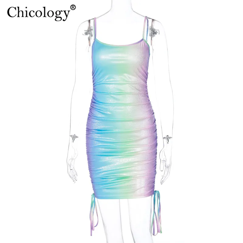 Chicology shinning rainbow bangdage fashion mini dress sleeveless spaghetti strap women 2020 summer outfits sexy bodycon clothes | Женская