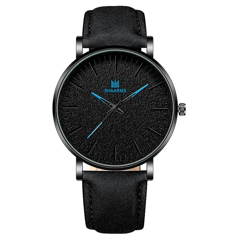 Black Blue SHAARMS мужские простые часы из нержавеющей стали с кожаным ремешком кварцевые наручные часы мужские модные повседневные часы Montre Femme дропшиппинг - Цвет: Black Blue